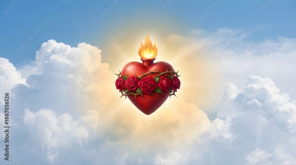 Fototapeta premium Sacred Heart of Jesus with flame, thorns, and roses on a cloud background. Religious symbol of divine love for christian faith.
