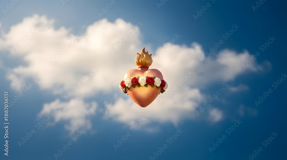 Obraz premium Sacred Heart of Jesus with flame and roses floating against a blue sky with clouds. Religious symbol for faith, love, and devotion.