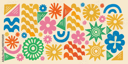 A vibrant composition of colorful abstract floral and geometric shapes