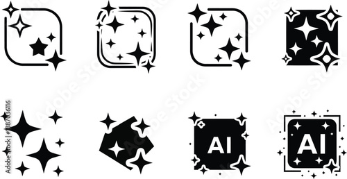 Collection of AI and starburst icons, featuring stylized AI logos and abstract star shapes, conveying technology, creativity, and brilliance.