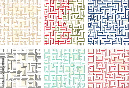 Set of six abstract maze-like patterns in beige, featuring intricate, interconnected lines in various color schemes like red, green, blue, black, and teal.