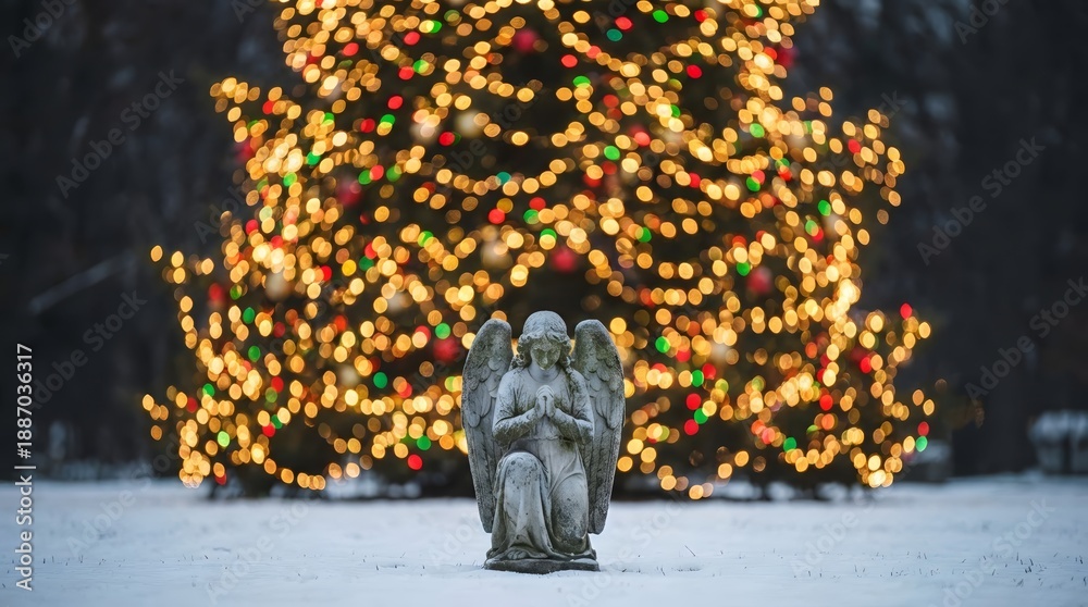 Fototapeta premium Angel statue kneeling in prayer in front of a sparkling Christmas tree. Religious Christmas holiday and winter season concept.