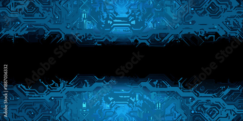 Abstract blue digital circuit pattern with a dark central space