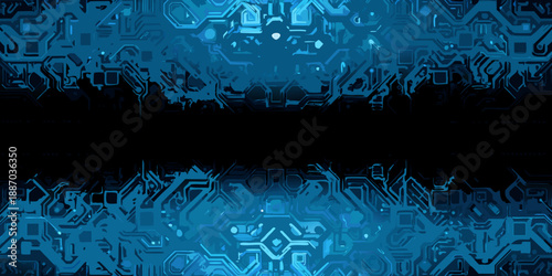 Abstract blue circuit board pattern with a dark central space
