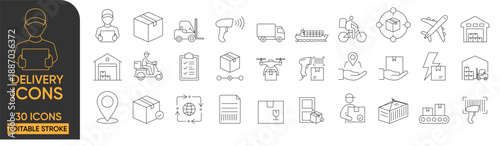 Delivery and Logistics Line 30 Icons Set - Shipping Services, E-commerce Distribution, Warehouse Management, Global Transportation, and Tracking Symbols with Editable Stroke