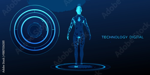 Futuristic humanoid figure within a circular digital interface technology illustration