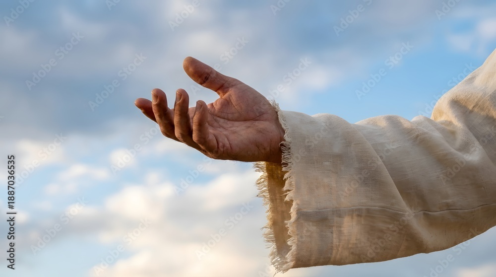 Naklejka premium Hand of Jesus Christ reaching out against a blue sky with clouds. Religious offering, blessing, or receiving concept. Easter and Christmas theme.