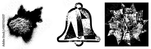 Abstract Spray Paint Splatter, Vintage Bell, Starburst Newspaper Collage