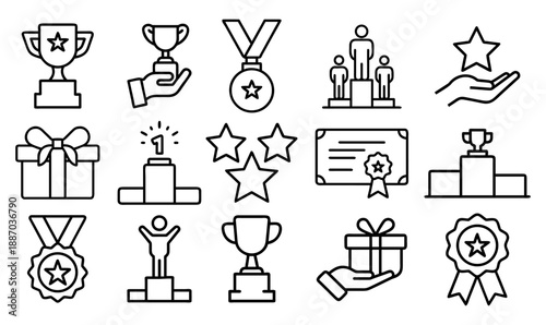 Beneftt icons ser. Vector set of cup, prize, medal, podium, trophy, winner, certificate, award