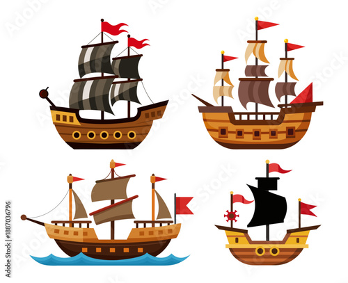 Set of Pirate ship flat vector illustration