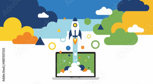 Rocket launching from a tablet device symbolizing technology innovation and digital advancements in space exploration