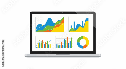 Computer displaying colorful financial data charts and graphs showcasing business analysis and market trends for professional reports