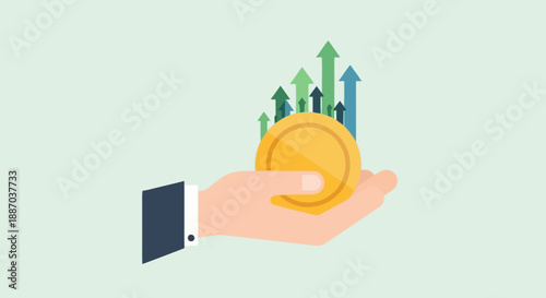 Financial growth and investment concept with rising arrows and coin in hand representing economic success and wealth accumulation