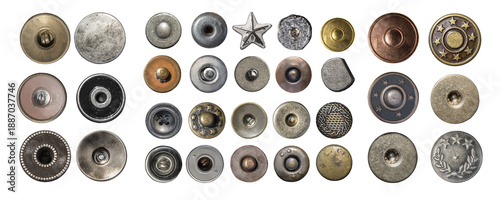 Fényképezés Collection of metal jeans buttons and rivets on transparent background