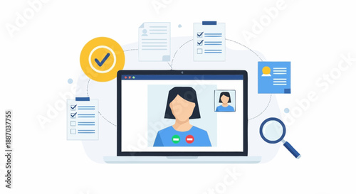 Online video conference session with a woman professional digital workspace featuring screens documents and magnifying glass for remote communication