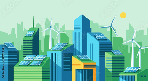 Modern urban landscape with green buildings and wind turbines illustrating sustainable city development and renewable energy sources