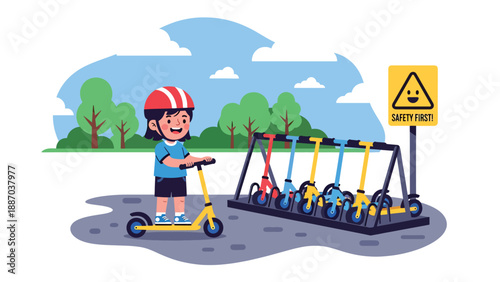 Flat vector illustration of a kid renting a scooter at a theme park station, wearing a helmet, beside a rack, safety sign and tree-lined path. Solid colors, no gradients