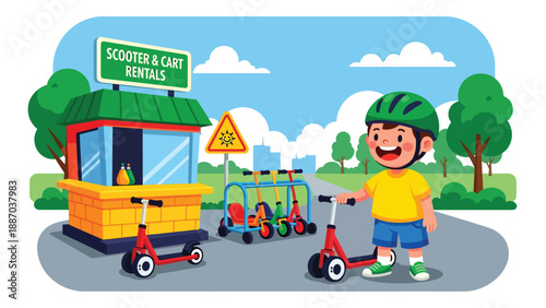 Flat vector illustration of a kid renting a scooter at a theme park station, wearing a helmet, beside a rack, safety sign and tree-lined path. Solid colors, no gradients