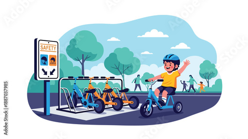 Flat vector illustration of a kid renting a scooter at a theme park station, wearing a helmet, beside a rack, safety sign and tree-lined path. Solid colors, no gradients