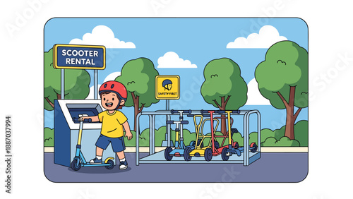 Flat vector illustration of a kid renting a scooter at a theme park station, wearing a helmet, beside a rack, safety sign and tree-lined path. Solid colors, no gradients