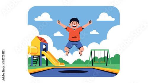 Flat vector illustration of a kid jumping on a trampoline area with safety net, padded posts, rule icons, happy motion lines and distant attractions. Solid colors, no gradients