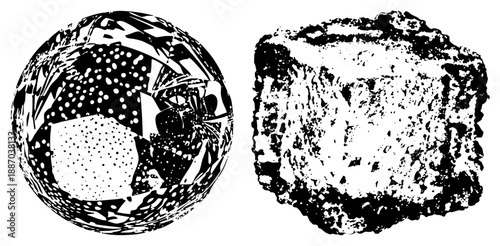 Abstract Geometric Sphere and Rough Cube in High Contrast Halftone Style