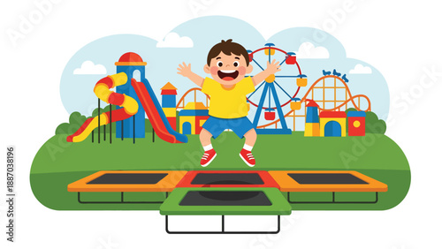 Flat vector illustration of a kid jumping on a trampoline area with safety net, padded posts, rule icons, happy motion lines and distant attractions. Solid colors, no gradients