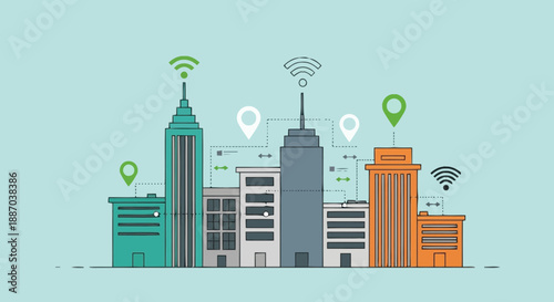 Modern urban cityscape with diverse high rise buildings and digital communication icons representing connectivity and urban development