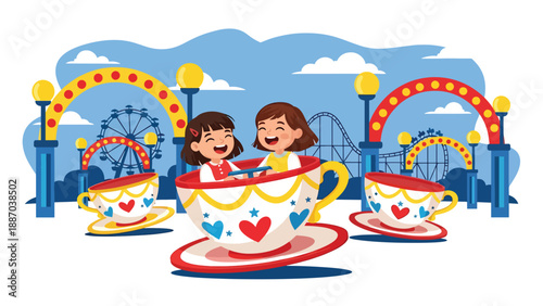 Flat vector illustration of a kid laughing on a spinning teacup ride holding the center wheel, with decorative lights, motion lines and nearby snack stall. Solid colors, no gradients