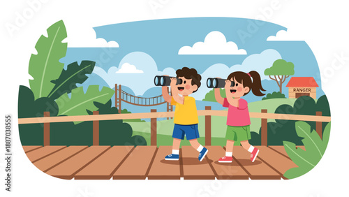 Flat vector illustration of a kid walking a jungle boardwalk trail with toy binoculars, oversized leaves, rope bridge and ranger hut backdrop. Solid colors, no gradients
