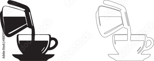 Process of pouring brewed tea from a teapot into a cup. Vector icon.