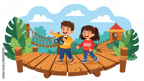 Flat vector illustration of a kid walking a jungle boardwalk trail with toy binoculars, oversized leaves, rope bridge and ranger hut backdrop. Solid colors, no gradients