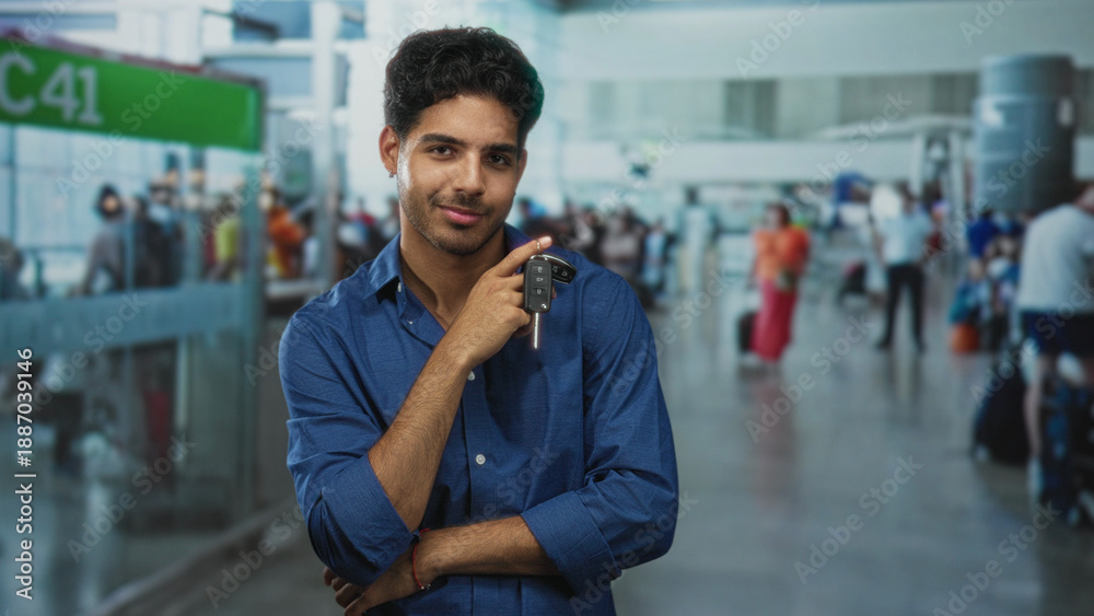 Fototapeta premium Young man holding car keys and pointing to them with his hand near his chest in airport terminal; confidence freedom.