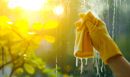 Hand in a yellow rubber glove washing a window with a cloth. Housekeeping and spring cleaning on a sunny day with bright sunlight