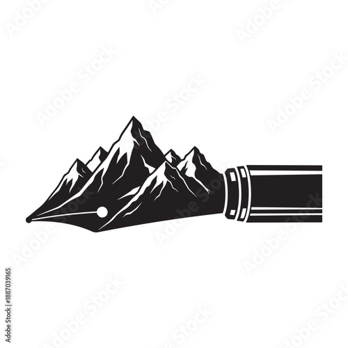 Fountain pen tip forming a mountain range, representing poetic adventure and creative journeys