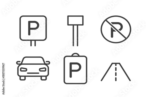 Set of parking sign icons, including a parking symbol, a blank sign, a no parking sign, a car icon, and a road icon