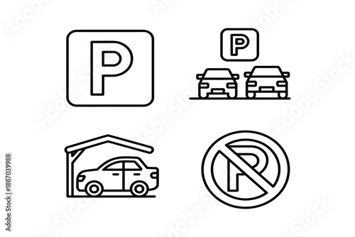 Set of parking icons featuring a square parking sign, multiple cars with a parking sign, a car in a garage, and a no parking sign