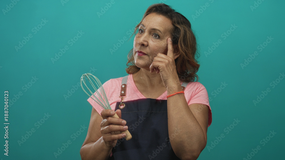 Fototapeta premium Middle aged hispanic woman in apron holds metal whisk and points finger upward in studio; inspiration creativity motivation idea.