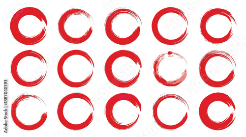 Red brush stroke circles on white background, abstract art design elements, creative shapes and patterns