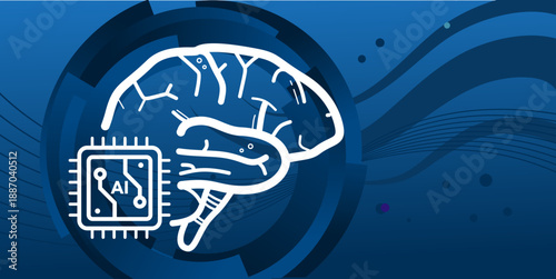 Artificial intelligence brain banner with ai chip and copy space, neural network technology vector illustration. Blue background
