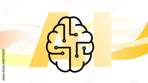 Artificial intelligence brain with ai text, yellow waves and copy space, neural network banner vector illustration.