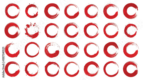 Red painted circles on white background, abstract art, creative design elements, brush strokes, colorful pattern