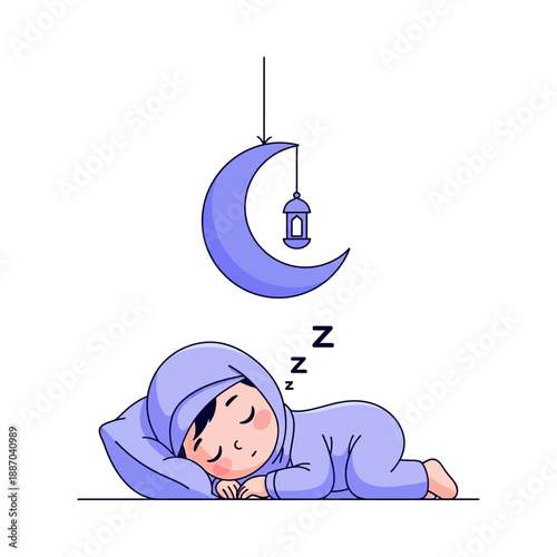 Child Sleeping Under Crescent Moon Illustration.