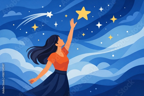 Woman reaching toward abstract star filled sky symbolizing ambition and dreams