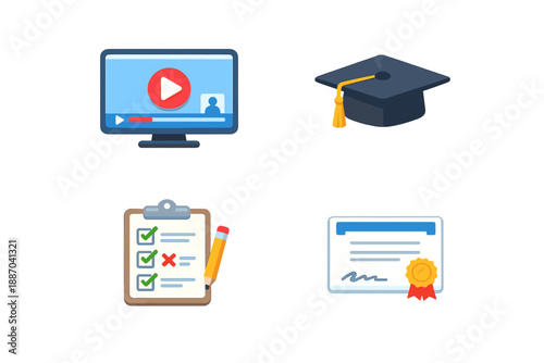 Online learning tools support educational growth through video lessons, graduation hats, checklists, and certificates in various formats at any location