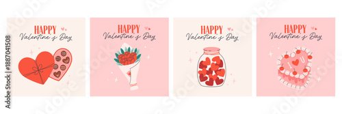 Cute simple Valentines Day posters with romantic elements. Perfect for card, invitation, poster, banner. Flat vector illustration