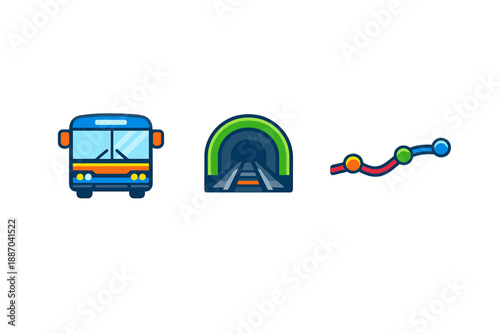 Public transport elements including a bus, a tunnel, and a train track located in a city setting during daytime