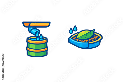 Shows a water collection system and a plant setup in a garden featuring a barrel and a mesh pot with a leaf, demonstrating basic gardening techniques and water management