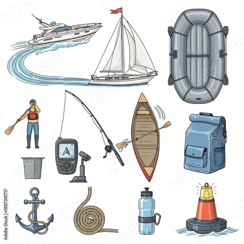 Sailing and Fishing Adventure Elements – Yacht, Sailboat, Inflatable Raft, Fishing Rod, Kayak, Life Gear and Ocean Travel Icons

