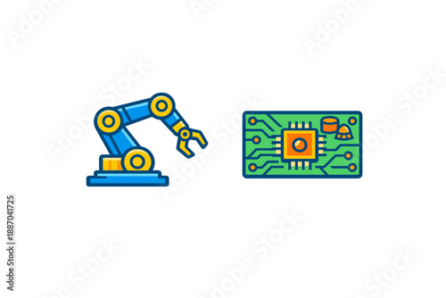 Robotic arm and circuit board shown together in a digital design focusing on technology and automation in engineering and manufacturing
